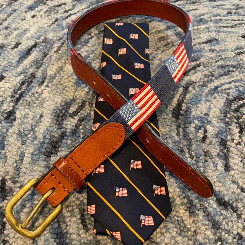 Needlepoint belt and silk tie set. American flag